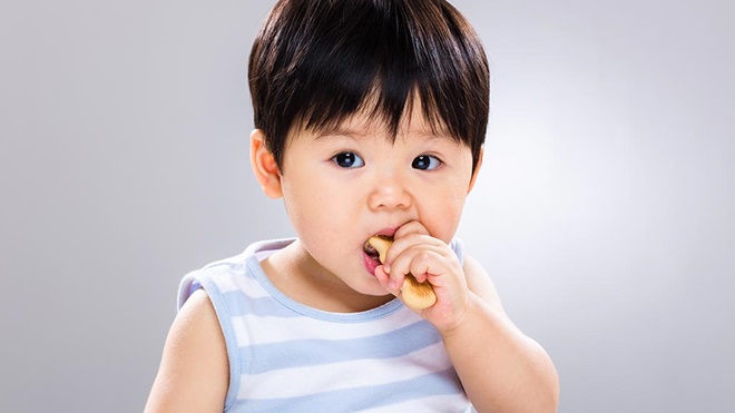 baby boy eating biscuit
